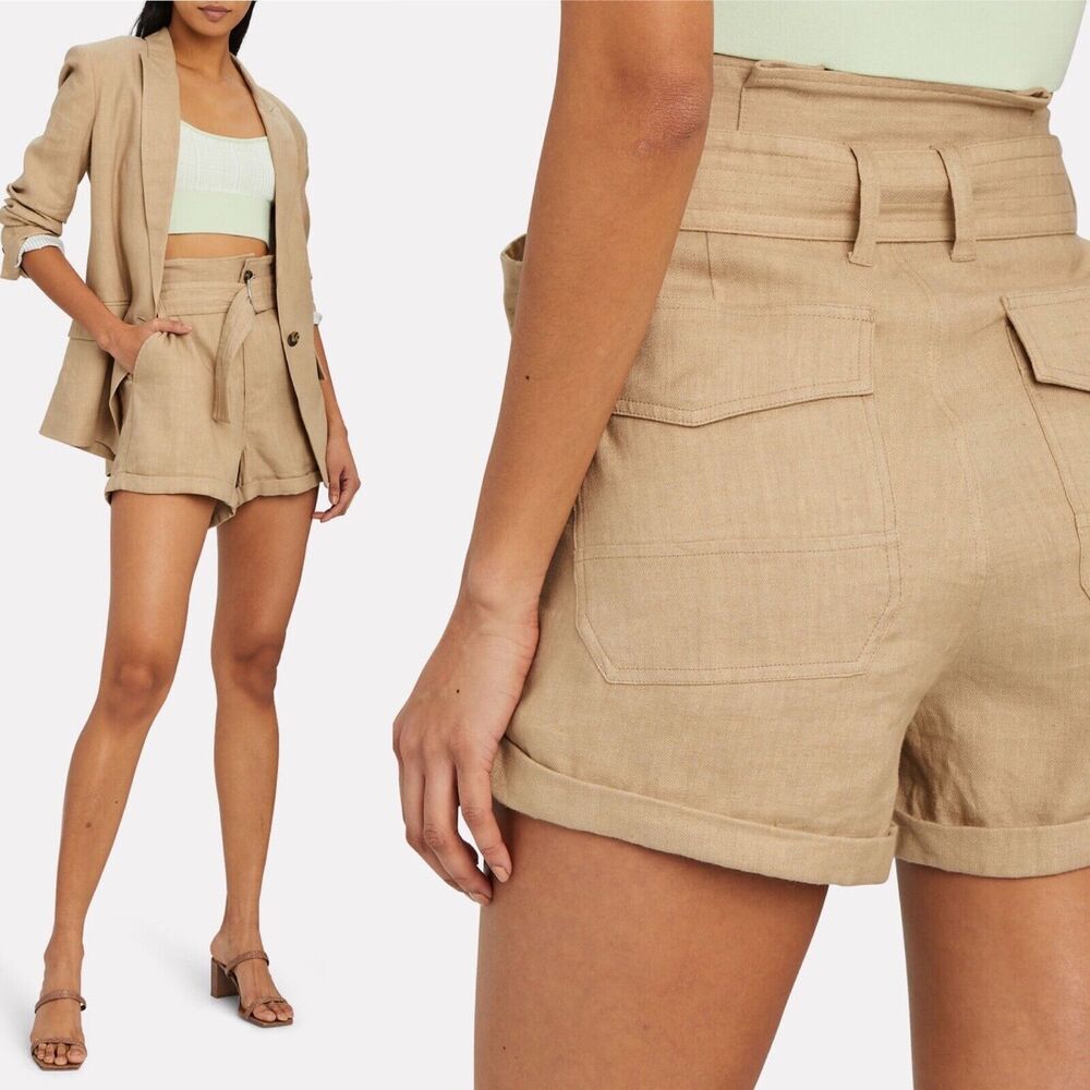 Frame Size 6 Linen Blend High Rise Paperbag Canvas Shorts Tan Beige